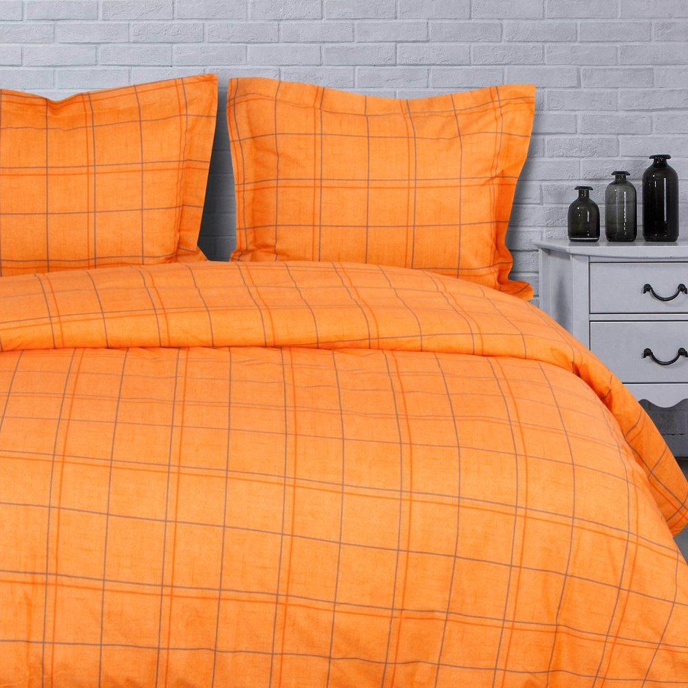 3 Pcs King Microfiber Duvet Cover Set, Orange Grid